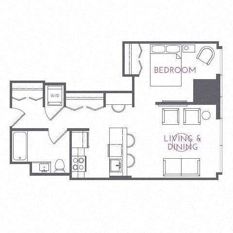 Floor plan for 1 bed, 1 bath, 645 sqft